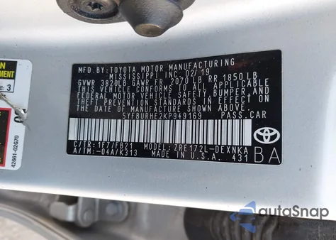 2019 Toyota Corolla Le from USA, damaged, VIN 5YFBURHE2KP949169